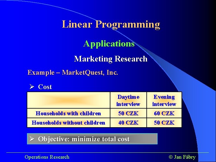 Linear Programming Applications Marketing Research Example – Market. Quest, Inc. Ø Cost Daytime interview