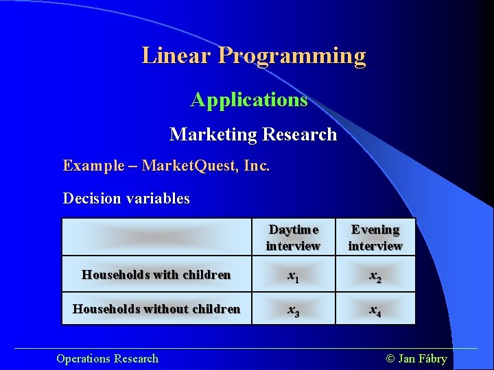 Linear Programming Applications Marketing Research Example – Market. Quest, Inc. Decision variables Daytime interview