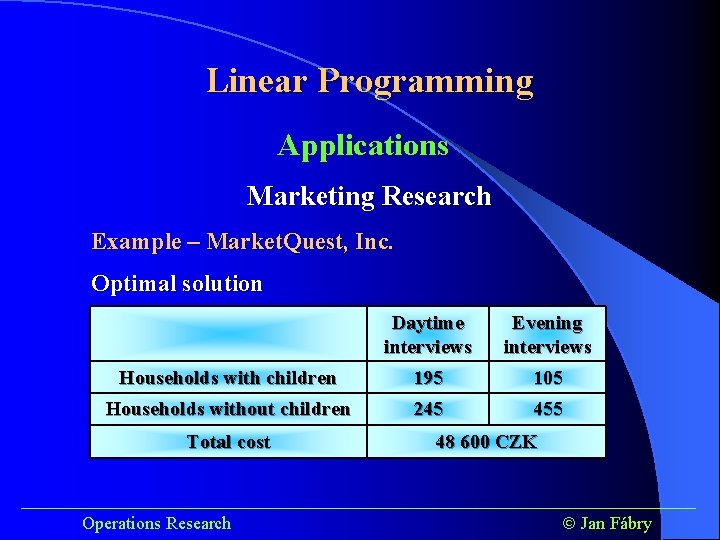 Linear Programming Applications Marketing Research Example – Market. Quest, Inc. Optimal solution Daytime interviews Linear Programming Applications Marketing Research Example – Market. Quest, Inc. Optimal solution Daytime interviews
