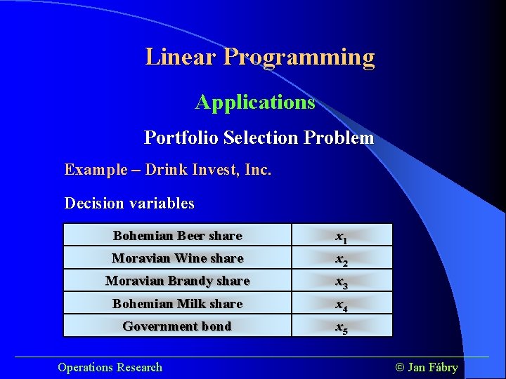 Linear Programming Applications Portfolio Selection Problem Example – Drink Invest, Inc. Decision variables Bohemian Linear Programming Applications Portfolio Selection Problem Example – Drink Invest, Inc. Decision variables Bohemian