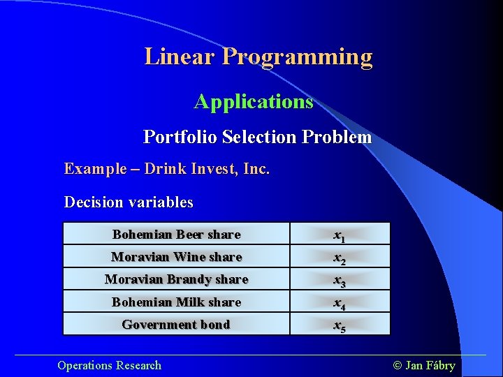 Linear Programming Applications Portfolio Selection Problem Example – Drink Invest, Inc. Decision variables Bohemian