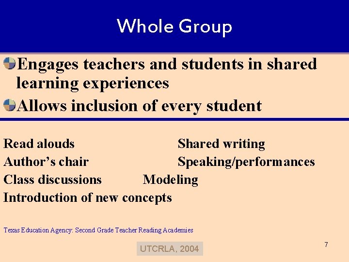 Whole Group Engages teachers and students in shared learning experiences Allows inclusion of every
