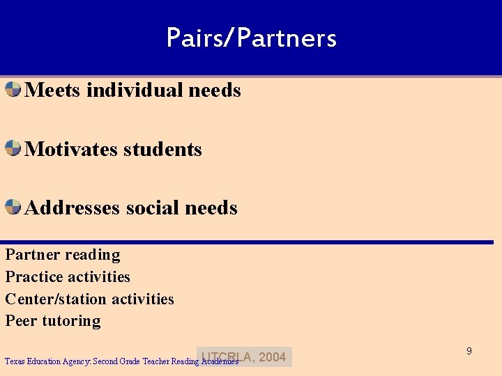 Pairs/Partners Meets individual needs Motivates students Addresses social needs Partner reading Practice activities Center/station