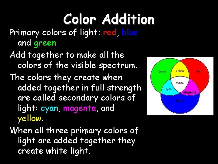 Color Addition Primary colors of light: red, blue and green Add together to make