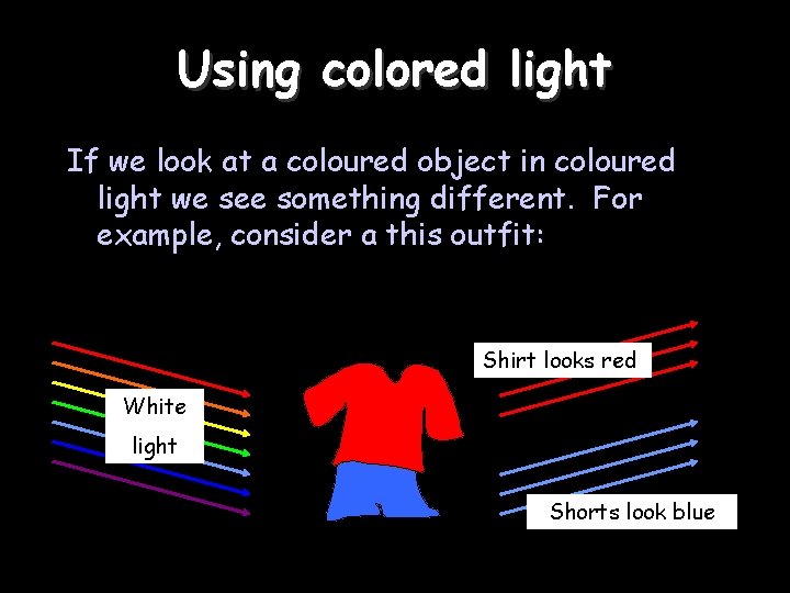 Using colored light If we look at a coloured object in coloured light we