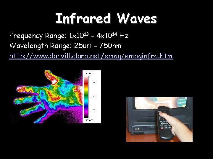 Infrared Waves Frequency Range: 1 x 1013 - 4 x 1014 Hz Wavelength Range: