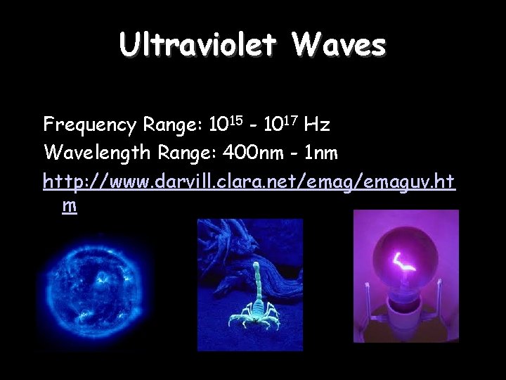 Ultraviolet Waves Frequency Range: 1015 - 1017 Hz Wavelength Range: 400 nm - 1