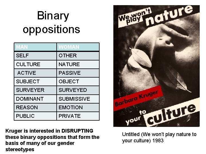  Binary oppositions MAN WOMAN SELF OTHER CULTURE NATURE ACTIVE PASSIVE SUBJECT OBJECT SURVEYER