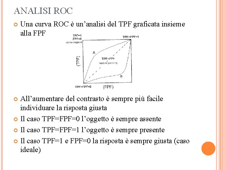 ANALISI ROC Una curva ROC è un’analisi del TPF graficata insieme alla FPF All’aumentare