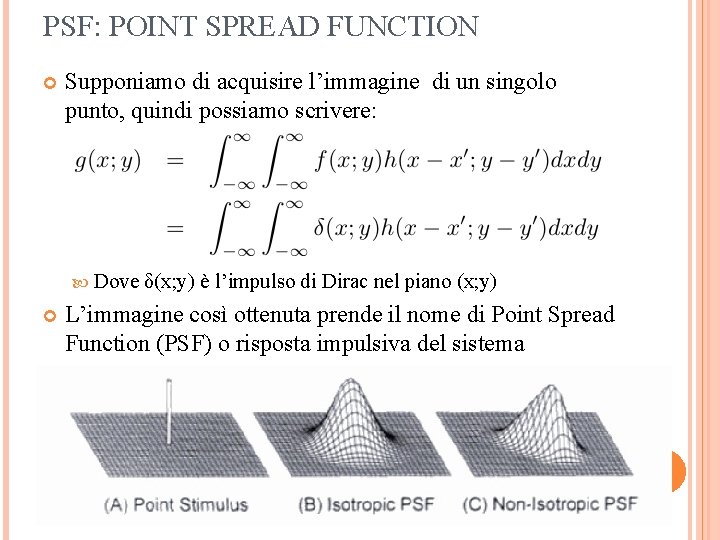 PSF: POINT SPREAD FUNCTION Supponiamo di acquisire l’immagine di un singolo punto, quindi possiamo