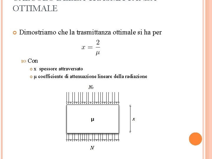 CALCOLO DELLA TRASMITTANZA OTTIMALE Dimostriamo che la trasmittanza ottimale si ha per Con x