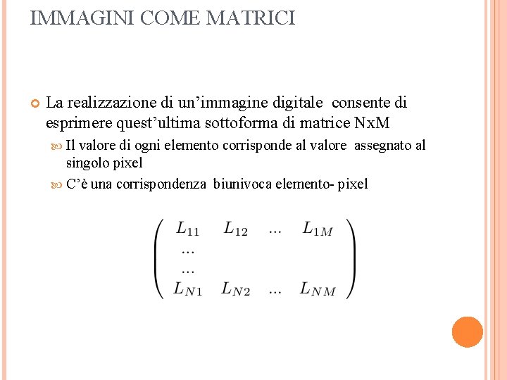 IMMAGINI COME MATRICI La realizzazione di un’immagine digitale consente di esprimere quest’ultima sottoforma di