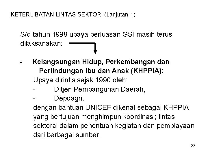 KETERLIBATAN LINTAS SEKTOR: (Lanjutan-1) S/d tahun 1998 upaya perluasan GSI masih terus dilaksanakan: -