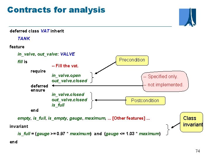 Contracts for analysis deferred class VAT inherit TANK feature in_valve, out_valve: VALVE Precondition fill