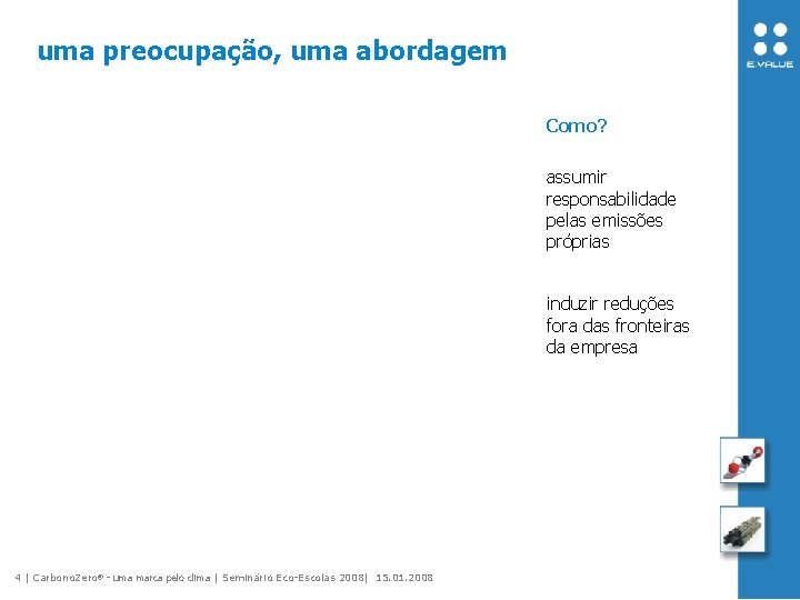 uma preocupação, uma abordagem Como? assumir responsabilidade pelas emissões próprias induzir reduções fora das