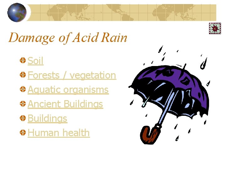 Damage of Acid Rain Soil Forests / vegetation Aquatic organisms Ancient Buildings Human health