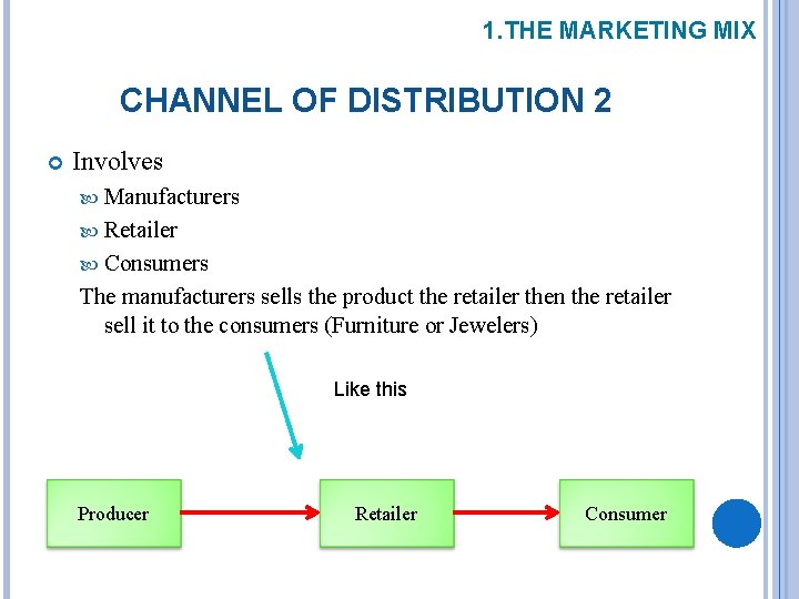 1. THE MARKETING MIX CHANNEL OF DISTRIBUTION 2 Involves Manufacturers Retailer Consumers The manufacturers