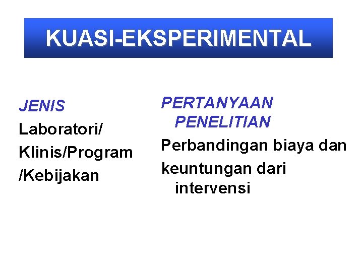 KUASI-EKSPERIMENTAL JENIS Laboratori/ Klinis/Program /Kebijakan PERTANYAAN PENELITIAN Perbandingan biaya dan keuntungan dari intervensi 