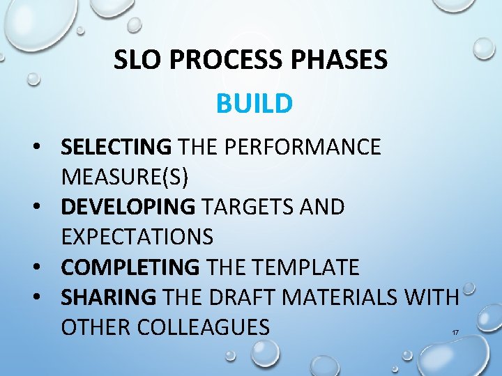 SLO PROCESS PHASES BUILD • SELECTING THE PERFORMANCE MEASURE(S) • DEVELOPING TARGETS AND EXPECTATIONS