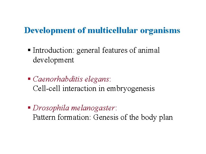 Development of multicellular organisms § Introduction: general features of animal development § Caenorhabditis elegans: