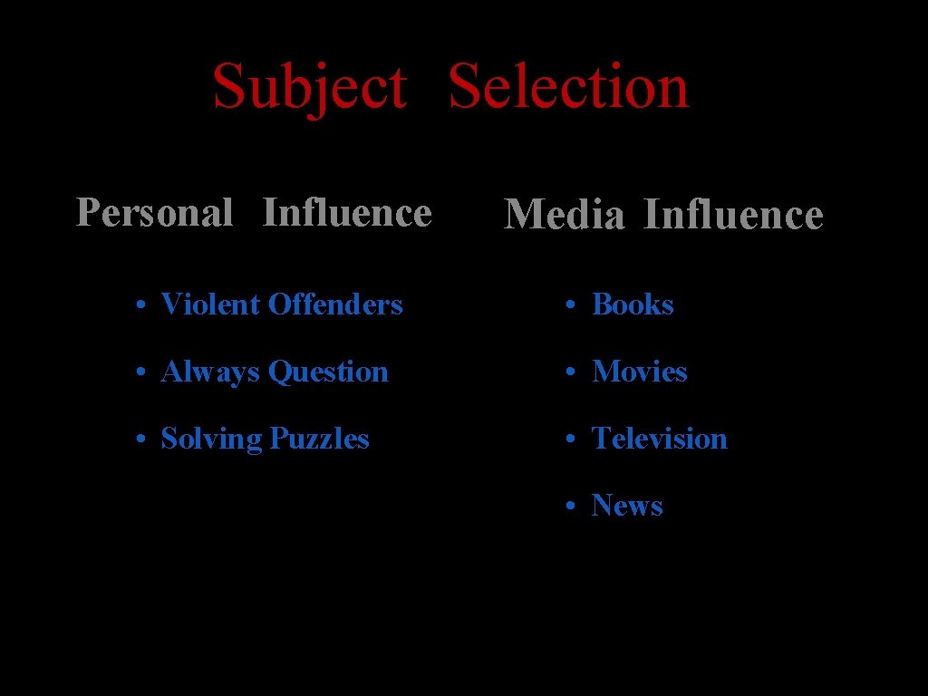 Subject Selection Personal Influence Media Influence • Violent Offenders • Books • Always Question