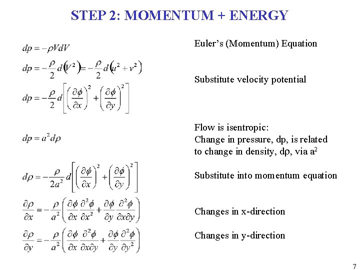 STEP 2: MOMENTUM + ENERGY Euler’s (Momentum) Equation Substitute velocity potential Flow is isentropic: