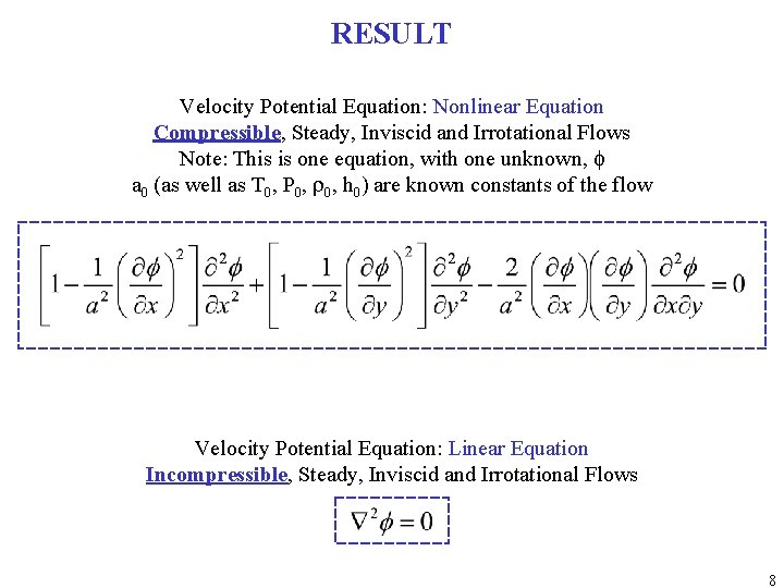 RESULT Velocity Potential Equation: Nonlinear Equation Compressible, Steady, Inviscid and Irrotational Flows Note: This