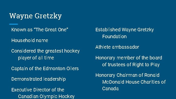 Wayne Gretzky Known as “The Great One” Household name Considered the greatest hockey player