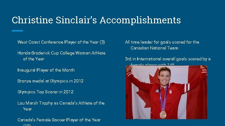 Christine Sinclair’s Accomplishments West Coast Conference Player of the Year (3) Honda-Broderick Cup College