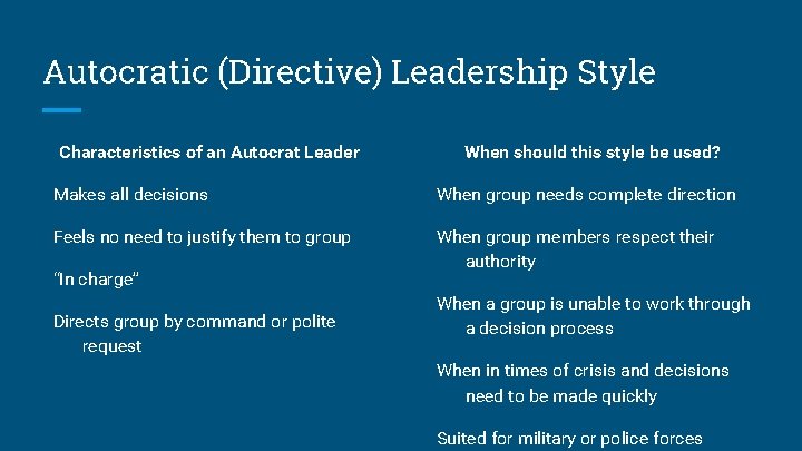 Autocratic (Directive) Leadership Style Characteristics of an Autocrat Leader When should this style be