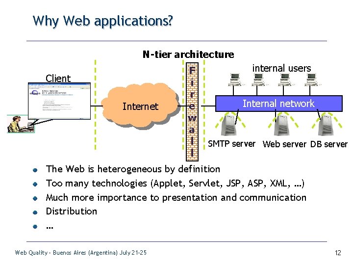 Why Web applications? N-tier architecture Client Internet F i r e w a l