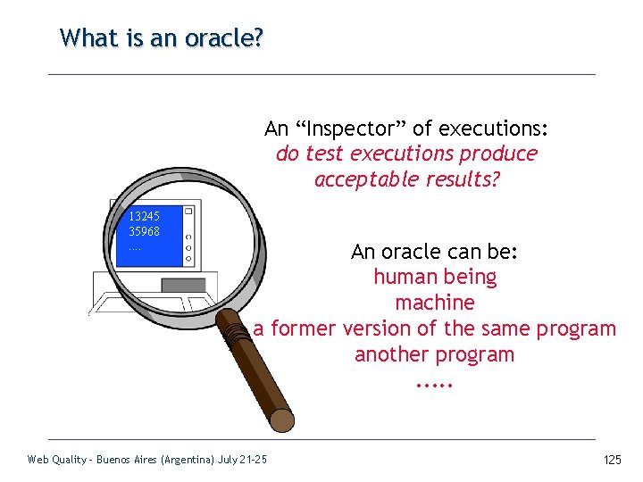 What is an oracle? An “Inspector” of executions: do test executions produce acceptable results?