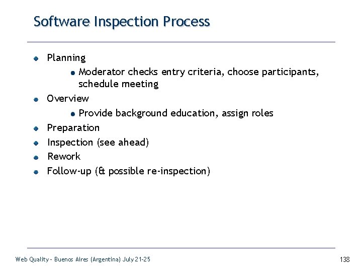 Software Inspection Process Planning Moderator checks entry criteria, choose participants, schedule meeting Overview Provide