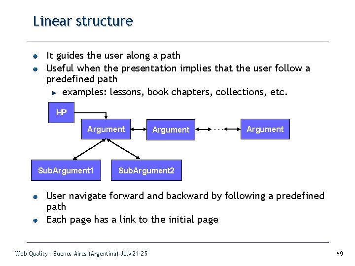 Linear structure It guides the user along a path Useful when the presentation implies