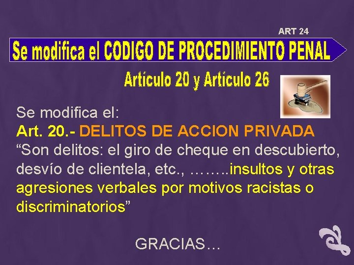 ART 24 Se modifica el: Art. 20. - DELITOS DE ACCION PRIVADA “Son delitos: