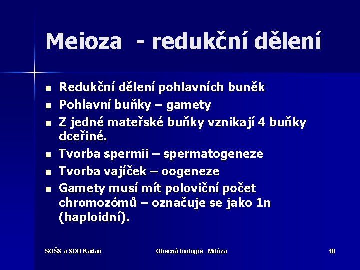 Meioza - redukční dělení n n n Redukční dělení pohlavních buněk Pohlavní buňky –