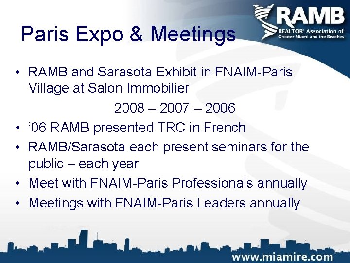 Paris Expo & Meetings • RAMB and Sarasota Exhibit in FNAIM-Paris Village at Salon