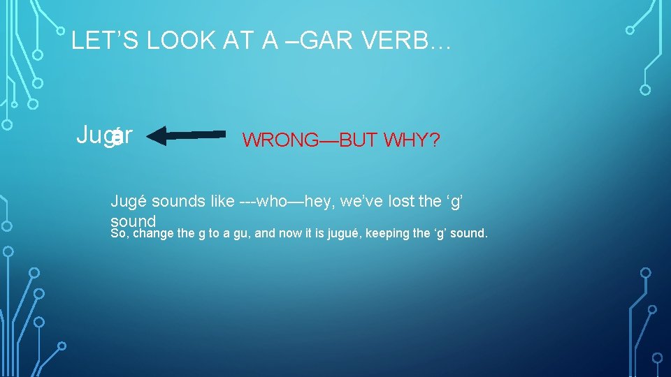 LET’S LOOK AT A –GAR VERB… Jugé ar WRONG—BUT WHY? Jugé sounds like ---who—hey,