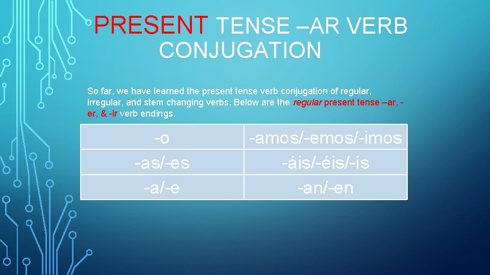 PRESENT TENSE –AR VERB CONJUGATION So far, we have learned the present tense verb
