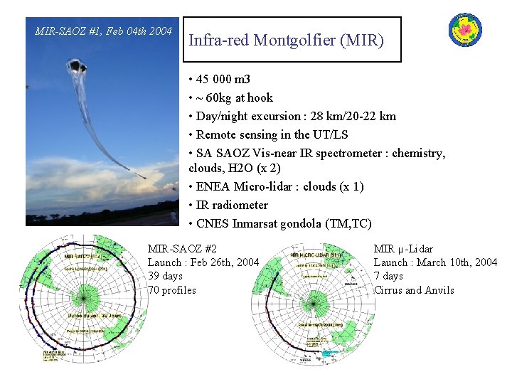 MIR-SAOZ #1, Feb 04 th 2004 Infra-red Montgolfier (MIR) • 45 000 m 3