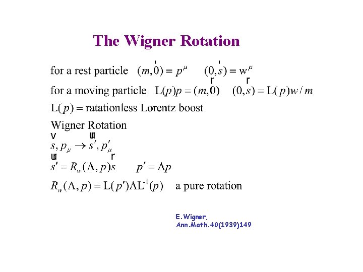 The Wigner Rotation E. Wigner, Ann. Math. 40(1939)149 
