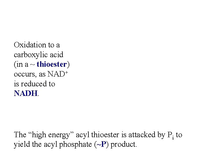 Oxidation to a carboxylic acid (in a ~ thioester) occurs, as NAD+ is reduced
