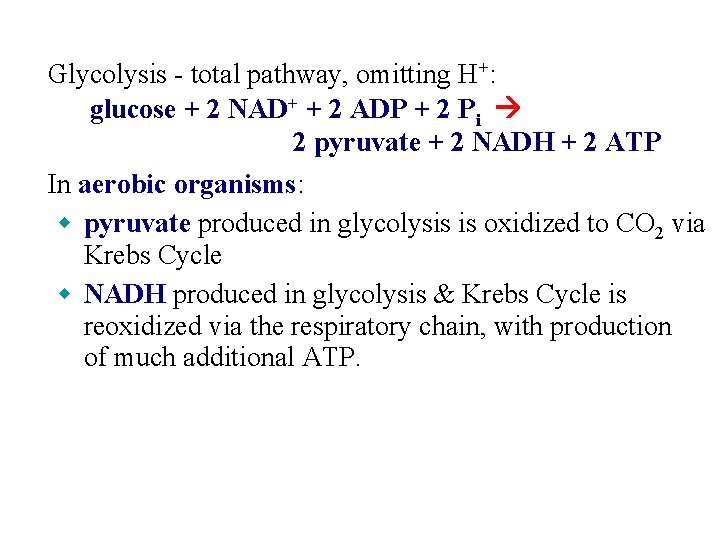 Glycolysis - total pathway, omitting H+: glucose + 2 NAD+ + 2 ADP +
