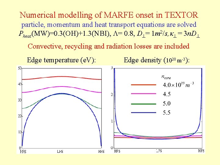 Numerical modelling of MARFE onset in TEXTOR particle, momentum and heat transport equations are
