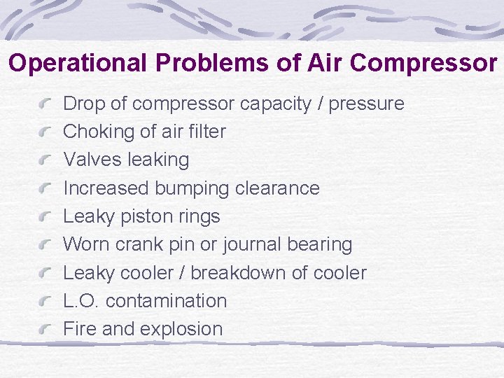 Operational Problems of Air Compressor Drop of compressor capacity / pressure Choking of air