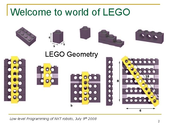 Welcome to world of LEGO Geometry Low-level Programming of NXT robots, July 9 th