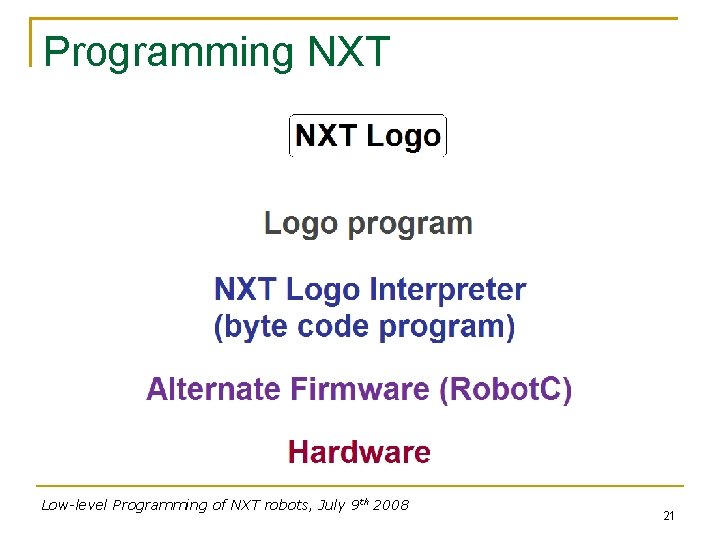Programming NXT Low-level Programming of NXT robots, July 9 th 2008 21 