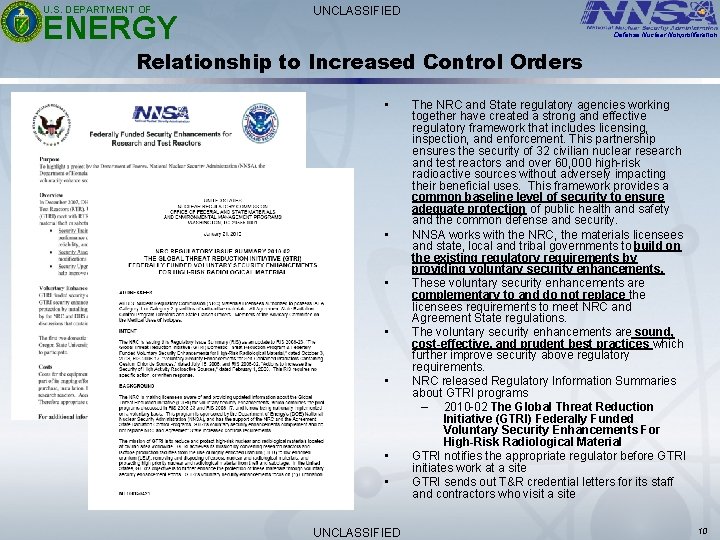 U. S. DEPARTMENT OF ENERGY UNCLASSIFIED Defense Nuclear Nonproliferation Relationship to Increased Control Orders