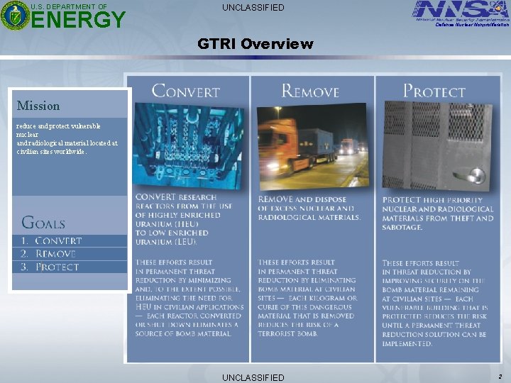 U. S. DEPARTMENT OF ENERGY UNCLASSIFIED Defense Nuclear Nonproliferation GTRI Overview Mission reduce and