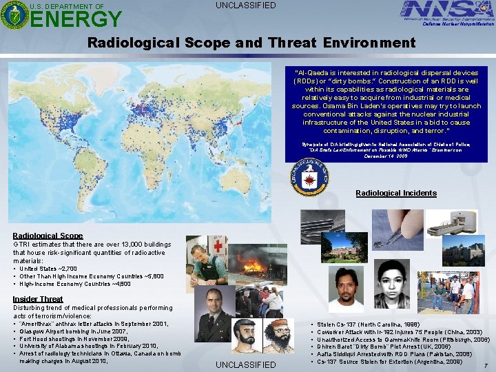 U. S. DEPARTMENT OF ENERGY UNCLASSIFIED Defense Nuclear Nonproliferation Radiological Scope and Threat Environment